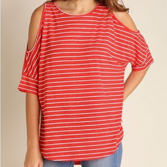 UMGEE Red Striped Cold Shoulder Lace Tunic Blouse Shirt Swim Coverup Pockets M - Picture 1 of 14